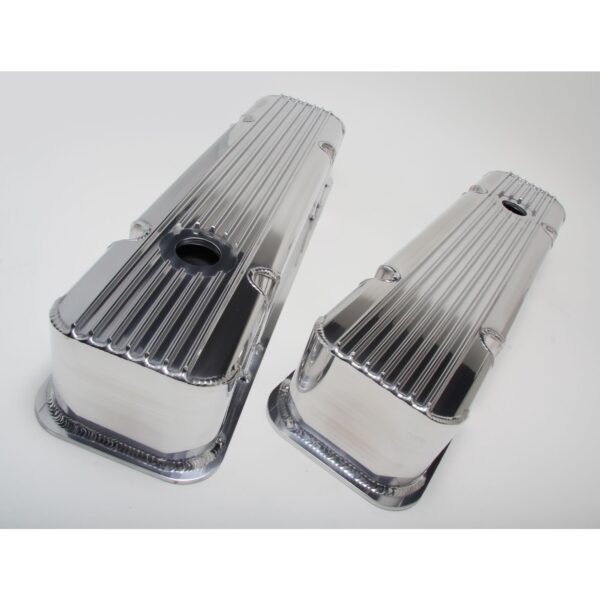 HAMBURGER'S PERFORMANCE PRODUCTS FABRICATED ALUMINUM VALVE COVERS WITH FINS; PONTIAC 326-455 V8; 1959-79; WITH HOLES- CHROME/ALUMINUM