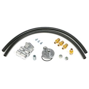 TRANS-DAPT PERFORMANCE PRODUCTS CAST ALUMINUM SINGLE OIL FILTER RELOCATION KIT; HORIZONTAL PORT, STANDARD FILTER BYPASS; 2-1/2 IN. I.D., 2-3/4 IN. O.D. OIL FILTER FLANGE; 13/16 IN.-16 NIPPLE