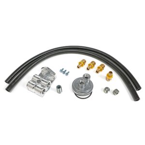 TRANS-DAPT PERFORMANCE PRODUCTS CAST ALUMINUM SINGLE OIL FILTER RELOCATION KIT; HORIZONTAL PORT, STANDARD FILTER BYPASS; 2-1/2 IN. I.D., 2-3/4 IN. O.D. OIL FILTER FLANGE; 18MM X 1.5 NIPPLE