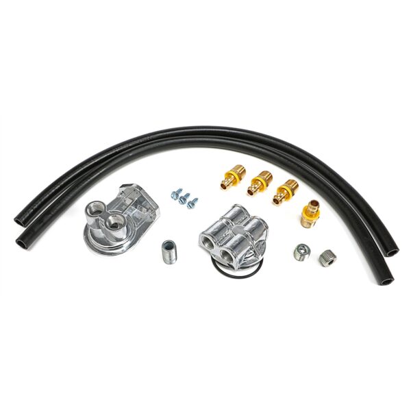 TRANS-DAPT PERFORMANCE PRODUCTS CAST ALUMINUM SINGLE OIL FILTER RELOCATION KIT; VERTICAL PORT, 90 (DEGREE) FILTER BYPASS; 2-1/2 IN. I.D., 2-3/4 IN. O.D. OIL FILTER FLANGE; 3/4 IN.-16 NIPPLE