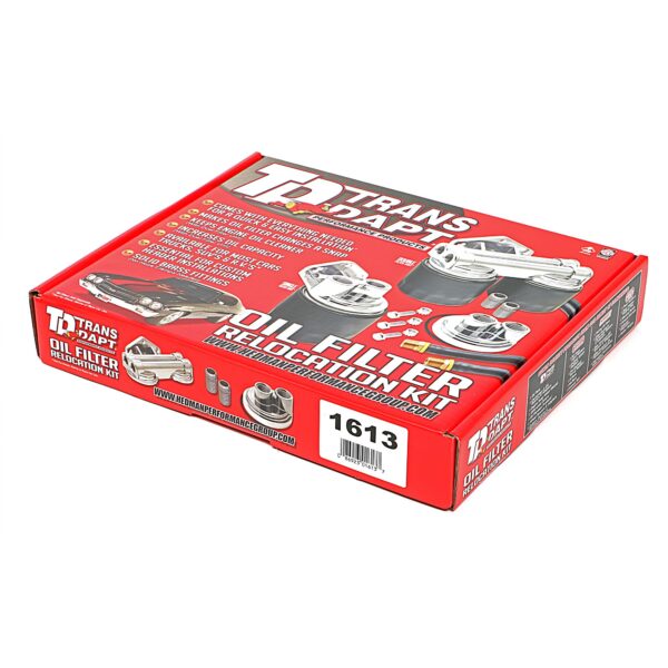 TRANS-DAPT PERFORMANCE PRODUCTS CAST ALUMINUM SINGLE OIL FILTER RELOCATION KIT; VERTICAL PORT, 90 (DEGREE) FILTER BYPASS; 2-1/2 IN. I.D., 2-3/4 IN. O.D. OIL FILTER FLANGE; 3/4 IN.-16 NIPPLE