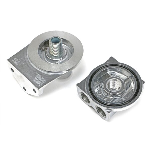 TRANS-DAPT PERFORMANCE PRODUCTS CAST ALUMINUM SINGLE OIL FILTER RELOCATION KIT; VERTICAL PORT, 90 (DEGREE) FILTER BYPASS; 2-1/2 IN. I.D., 2-3/4 IN. O.D. OIL FILTER FLANGE; 3/4 IN.-16 NIPPLE