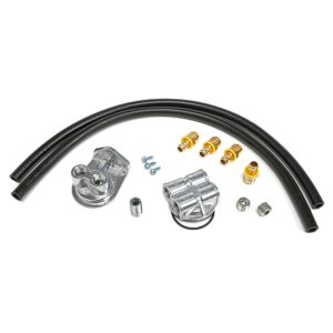 TRANS-DAPT PERFORMANCE PRODUCTS CAST ALUMINUM SINGLE OIL FILTER RELOCATION KIT; VERTICAL PORT, 90 (DEGREE) FILTER BYPASS; 2-1/2 IN. I.D., 2-3/4 IN. O.D. OIL FILTER FLANGE; 13/16 IN.-16 NIPPLE