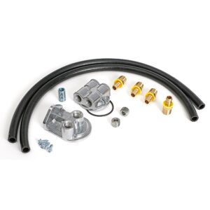 TRANS-DAPT PERFORMANCE PRODUCTS CAST ALUMINUM SINGLE OIL FILTER RELOCATION KIT; VERTICAL PORT, 90 (DEGREE) FILTER BYPASS; 2-1/2 IN. I.D., 2-3/4 IN. O.D. OIL FILTER FLANGE; 22MM X 1.5 NIPPLE