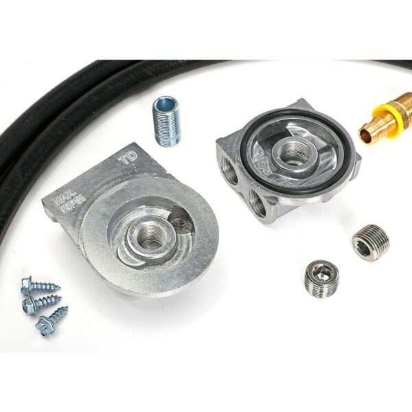 TRANS-DAPT PERFORMANCE PRODUCTS CAST ALUMINUM SINGLE OIL FILTER RELOCATION KIT; VERTICAL PORT, 90 (DEGREE) FILTER BYPASS; 2-1/2 IN. I.D., 2-3/4 IN. O.D. OIL FILTER FLANGE; 22MM X 1.5 NIPPLE