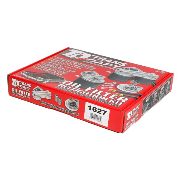 TRANS-DAPT PERFORMANCE PRODUCTS CAST ALUMINUM SINGLE OIL FILTER RELOCATION KIT; VERTICAL PORT, 90 (DEGREE) FILTER BYPASS; 2-1/2 IN. I.D., 2-3/4 IN. O.D. OIL FILTER FLANGE; 22MM X 1.5 NIPPLE