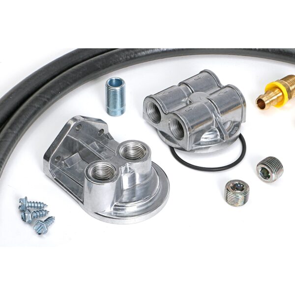 TRANS-DAPT PERFORMANCE PRODUCTS CAST ALUMINUM SINGLE OIL FILTER RELOCATION KIT; VERTICAL PORT, 90 (DEGREE) FILTER BYPASS; 2-1/2 IN. I.D., 2-3/4 IN. O.D. OIL FILTER FLANGE; 22MM X 1.5 NIPPLE