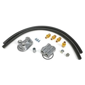TRANS-DAPT PERFORMANCE PRODUCTS CAST ALUMINUM SINGLE OIL FILTER RELOCATION KIT; VERTICAL PORT, 90 (DEGREE) FILTER BYPASS; 2-1/2 IN. I.D., 2-3/4 IN. O.D. OIL FILTER FLANGE; 18MM X 1.5 NIPPLE