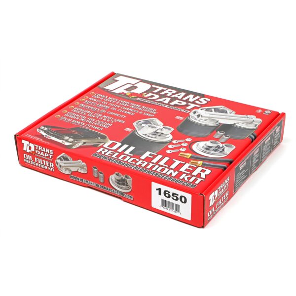 TRANS-DAPT PERFORMANCE PRODUCTS CAST ALUMINUM SINGLE OIL FILTER RELOCATION KIT; VERTICAL PORT, 90 (DEGREE) FILTER BYPASS; 2-1/2 IN. I.D., 2-3/4 IN. O.D. OIL FILTER FLANGE; 18MM X 1.5 NIPPLE
