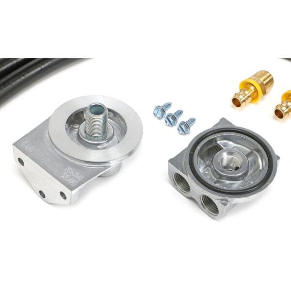 TRANS-DAPT PERFORMANCE PRODUCTS CAST ALUMINUM SINGLE OIL FILTER RELOCATION KIT; VERTICAL PORT, 90 (DEGREE) FILTER BYPASS; 2-1/2 IN. I.D., 2-3/4 IN. O.D. OIL FILTER FLANGE; 18MM X 1.5 NIPPLE
