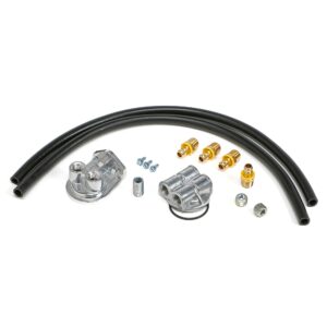 TRANS-DAPT PERFORMANCE PRODUCTS CAST ALUMINUM SINGLE OIL FILTER RELOCATION KIT; VERTICAL PORT, 90 (DEGREE) FILTER BYPASS; 2-1/2 IN. I.D., 2-3/4 IN. O.D. OIL FILTER FLANGE; 20MM X 1.5 NIPPLE