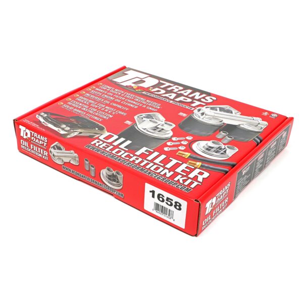 TRANS-DAPT PERFORMANCE PRODUCTS CAST ALUMINUM SINGLE OIL FILTER RELOCATION KIT; VERTICAL PORT, 90 (DEGREE) FILTER BYPASS; 2-1/2 IN. I.D., 2-3/4 IN. O.D. OIL FILTER FLANGE; 20MM X 1.5 NIPPLE
