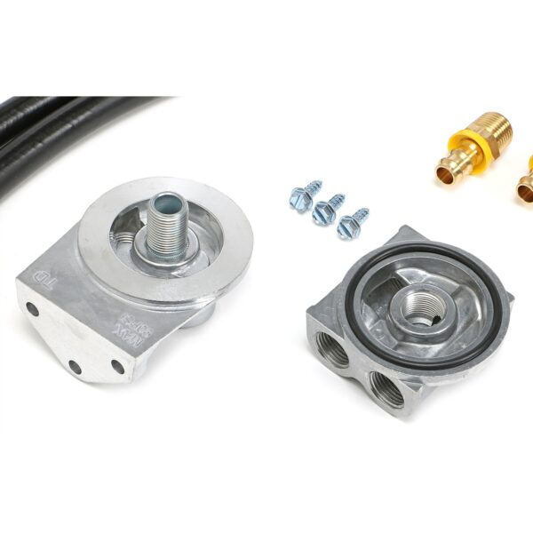TRANS-DAPT PERFORMANCE PRODUCTS CAST ALUMINUM SINGLE OIL FILTER RELOCATION KIT; VERTICAL PORT, 90 (DEGREE) FILTER BYPASS; 2-1/2 IN. I.D., 2-3/4 IN. O.D. OIL FILTER FLANGE; 20MM X 1.5 NIPPLE