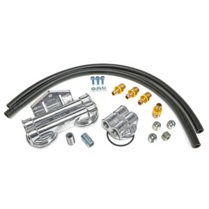 TRANS-DAPT PERFORMANCE PRODUCTS CAST ALUMINUM TRUE-DUAL DOUBLE OIL FILTER RELOCATION KIT; HORIZONTAL PORT, 90 (DEGREE) FILTER BYPASS; 2-1/2 IN. I.D., 2-3/4 IN. O.D. OIL FILTER FLANGE; 3/4 IN.-16 NIPPLE