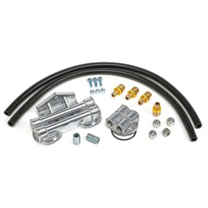 TRANS-DAPT PERFORMANCE PRODUCTS CAST ALUMINUM TRUE-DUAL DOUBLE OIL FILTER RELOCATION KIT; HORIZONTAL PORT, 90 (DEGREE) FILTER BYPASS; 2-1/2 IN. I.D., 2-3/4 IN. O.D. OIL FILTER FLANGE; 13/16 IN.-16 NIPPLE