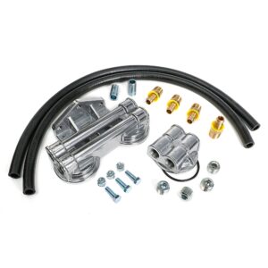 TRANS-DAPT PERFORMANCE PRODUCTS CAST ALUMINUM TRUE-DUAL DOUBLE OIL FILTER RELOCATION KIT; HORIZONTAL PORT, 90 (DEGREE) FILTER BYPASS; 2-1/2 IN. I.D., 2-3/4 IN. O.D. OIL FILTER FLANGE; 22MM X 1.5 NIPPLE