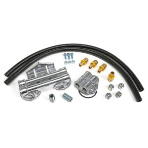 TRANS-DAPT PERFORMANCE PRODUCTS CAST ALUMINUM TRUE-DUAL DOUBLE OIL FILTER RELOCATION KIT; HORIZONTAL PORT, 90 (DEGREE) FILTER BYPASS; 2-1/2 IN. I.D., 2-3/4 IN. O.D. OIL FILTER FLANGE; 18MM X 1.5 NIPPLE