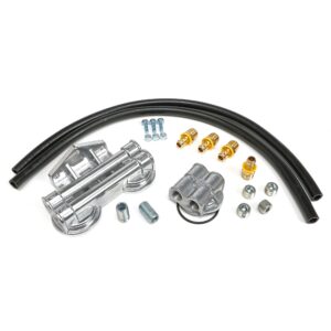 TRANS-DAPT PERFORMANCE PRODUCTS CAST ALUMINUM TRUE-DUAL DOUBLE OIL FILTER RELOCATION KIT; HORIZONTAL PORT, 90 (DEGREE) FILTER BYPASS; 2-1/2 IN. I.D., 2-3/4 IN. O.D. OIL FILTER FLANGE; 20MM X 1.5 NIPPLE