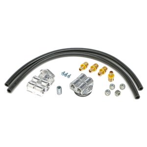TRANS-DAPT PERFORMANCE PRODUCTS CAST ALUMINUM SINGLE OIL FILTER RELOCATION KIT; HORIZONTAL PORT, 90 (DEGREE) FILTER BYPASS; 2-1/2 IN. I.D., 2-3/4 IN. O.D. OIL FILTER FLANGE; 3/4 IN.-16 NIPPLE