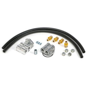 TRANS-DAPT PERFORMANCE PRODUCTS CAST ALUMINUM SINGLE OIL FILTER RELOCATION KIT; HORIZONTAL PORT, 90 (DEGREE) FILTER BYPASS; 2-1/2 IN. I.D., 2-3/4 IN. O.D. OIL FILTER FLANGE; 13/16 IN.-16 NIPPLE