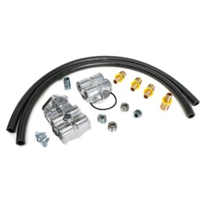 TRANS-DAPT PERFORMANCE PRODUCTS CAST ALUMINUM SINGLE OIL FILTER RELOCATION KIT; HORIZONTAL PORT, 90 (DEGREE) FILTER BYPASS; 2-1/2 IN. I.D., 2-3/4 IN. O.D. OIL FILTER FLANGE; 22MM X 1.5 NIPPLE