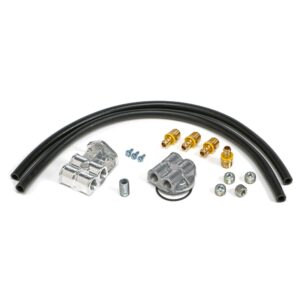 TRANS-DAPT PERFORMANCE PRODUCTS CAST ALUMINUM SINGLE OIL FILTER RELOCATION KIT; HORIZONTAL PORT, 90 (DEGREE) FILTER BYPASS; 2-1/2 IN. I.D., 2-3/4 IN. O.D. OIL FILTER FLANGE; 18MM X 1.5 NIPPLE