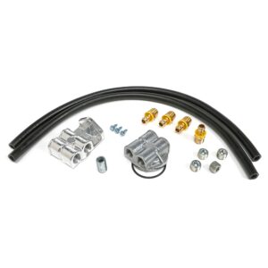 TRANS-DAPT PERFORMANCE PRODUCTS CAST ALUMINUM SINGLE OIL FILTER RELOCATION KIT; HORIZONTAL PORT, 90 (DEGREE) FILTER BYPASS; 2-1/2 IN. I.D., 2-3/4 IN. O.D. OIL FILTER FLANGE; 20MM X 1.5 NIPPLE