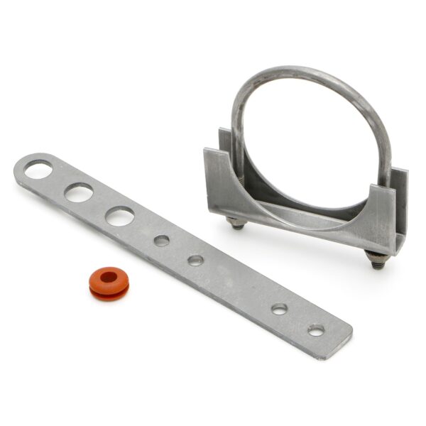 HEDMAN HEDDERS BOLT-ON STYLE, UNIVERSAL EXHAUST HANGER BRACKET FOR 3 IN. EXHAUST SYSTEMS; LASER-CUT, MILD STEEL CONSTRUCTION; INCLUDES ADJUSTABLE HEIGHT PIPE-CLAMP AND HIGH TEMPERATURE RUBBER GROMMET.