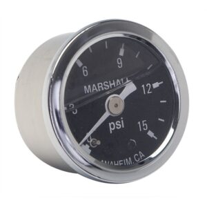 TRANS-DAPT PERFORMANCE PRODUCTS FUEL PRESSURE GAUGE; 1-1/2 IN. DIAMETER; 0-15PSI; 1/8NPT MALE THREADS -CHROME WITH BLACK DIAL