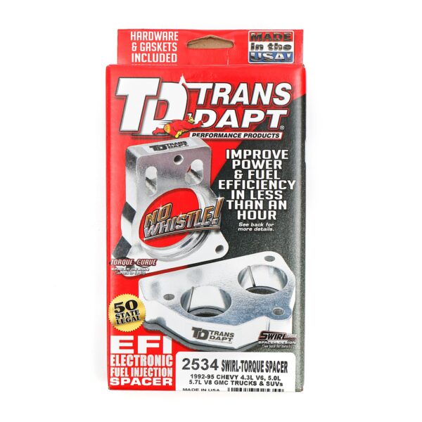 TRANS-DAPT PERFORMANCE PRODUCTS 1992-95 CHEVY/GMC TRUCKS AND SUVS WITH 4.3L V6 OR 5.0L, 5.7L V8- SWIRL-TORQUE THROTTLE BODY SPACER; DOUBLE WING NUT AIR CLEANER MODEL