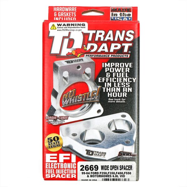 TRANS-DAPT PERFORMANCE PRODUCTS, CAST ALUMINUM WIDE-OPEN MPFI SPACER FOR 1999-2004 FORD F250, F350, F450, F550 OR MOTORHOME WITH 6.8L V10