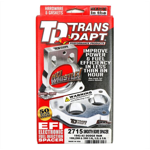TRANS-DAPT PERFORMANCE PRODUCTS CAST ALUMINUM SMOOTH-BORE MPFI SPACER FOR 1992-02 DODGE RAM 1500, 2500, 3500 WITH 3.9L, 5.2L, OR 5.9L ENGINE