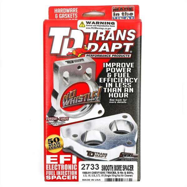 TRANS-DAPT PERFORMANCE PRODUCTS 1986-91 CHEVY/GMC TRUCKS AND SUVS WITH 4.3L V6 OR 5.0L, 5.7L V8- SMOOTH-BORE THROTTLE BODY SPACER; SINGLE WING NUT AIR CLEANER MODELS