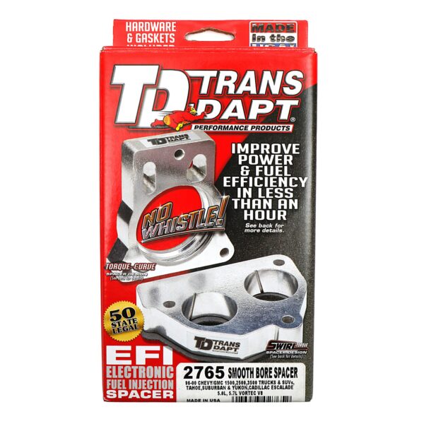 TRANS-DAPT PERFORMANCE PRODUCTS SMOOTH-BORE MPFI SPACER 1996-2000 CHEVY/GMC 1500-3500 TRUCKS AND SUVS, CADILLAC ESCALADE, OR MOTORHOME WITH 5.0L OR 5.7L VORTEC V8 ENGINE