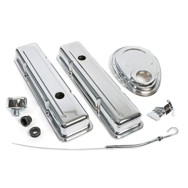 TRANS-DAPT PERFORMANCE PRODUCTS TIMING COVER ENGINE DRESS-UP KIT; SHORT VALVE COVERS; 1958-1986 CHEVROLET 283-350- CHROME