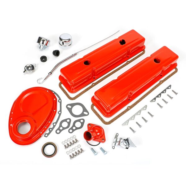 TRANS-DAPT PERFORMANCE PRODUCTS POWDER-COATED ENGINE KIT WITHOUT PCV; 1958-86 SB CHEVROLET 283-400 (GEN 1); SHORT VALVE COVERS- CHEVY ORANGE