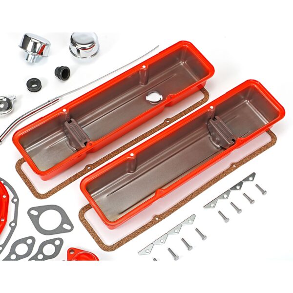 TRANS-DAPT PERFORMANCE PRODUCTS POWDER-COATED ENGINE KIT WITHOUT PCV; 1958-86 SB CHEVROLET 283-400 (GEN 1); SHORT VALVE COVERS- CHEVY ORANGE