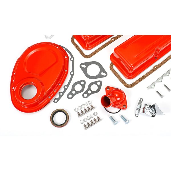 TRANS-DAPT PERFORMANCE PRODUCTS POWDER-COATED ENGINE KIT WITHOUT PCV; 1958-86 SB CHEVROLET 283-400 (GEN 1); SHORT VALVE COVERS- CHEVY ORANGE