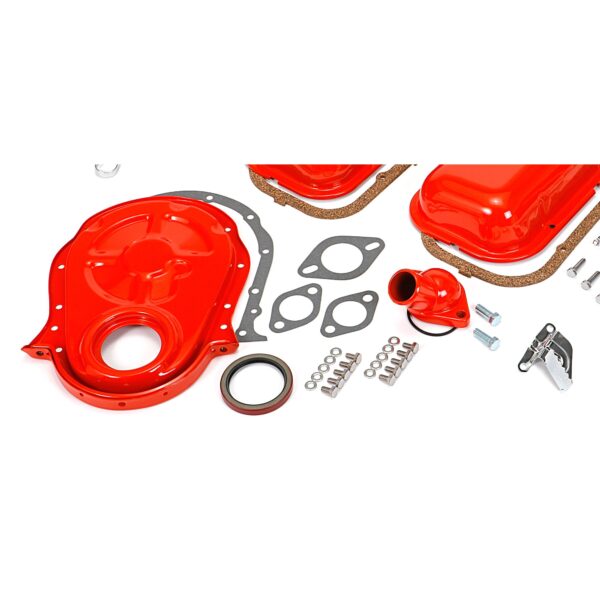 TRANS-DAPT PERFORMANCE PRODUCTS POWDER-COATED ENGINE KIT WITHOUT PCV; 1965-95 BB CHEVROLET 396-454 (MARK IV); SHORT VALVE COVERS- CHEVY ORANGE