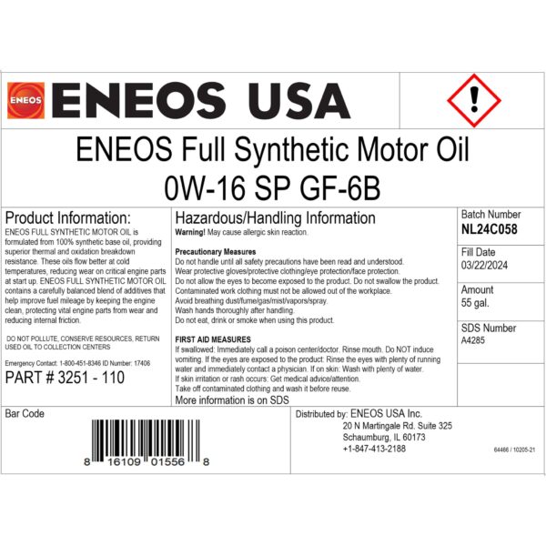 ENEOS FULL SNYTH MOTOR OIL 0W-16 55gal