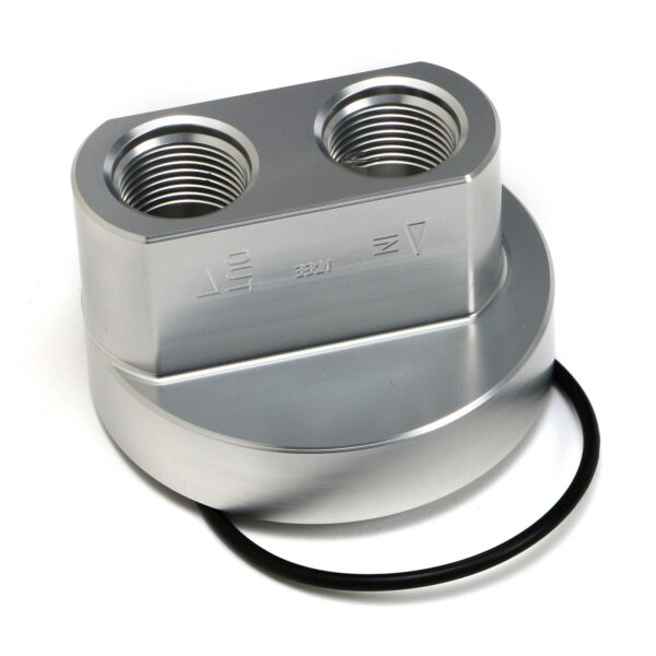 HAMBURGER'S PERFORMANCE PRODUCTS SPIN-ON BYPASS ADAPTER; CHEVY SB AND BB; 13/16 IN.-16 FILTER THREADS; -12AN PORTS- BILLET ALUMINUM