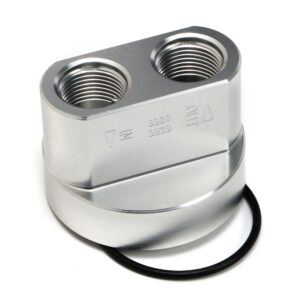 HAMBURGER'S PERFORMANCE PRODUCTS SPIN-ON BYPASS ADAPTER; CHEVY TRUCKS AND SUVS; 22MM-1.5 FILTER THREADS; -12AN PORTS- BILLET ALUMINUM