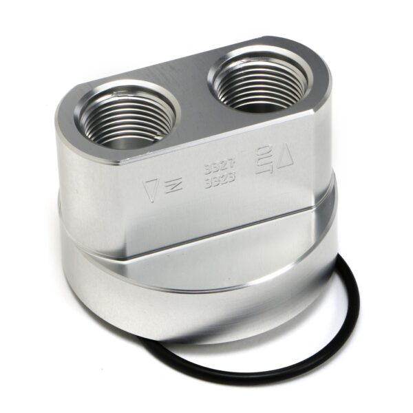 HAMBURGER'S PERFORMANCE PRODUCTS SPIN-ON BYPASS ADAPTER; CHEVY TRUCKS AND SUVS; 22MM-1.5 FILTER THREADS; -12AN PORTS- BILLET ALUMINUM
