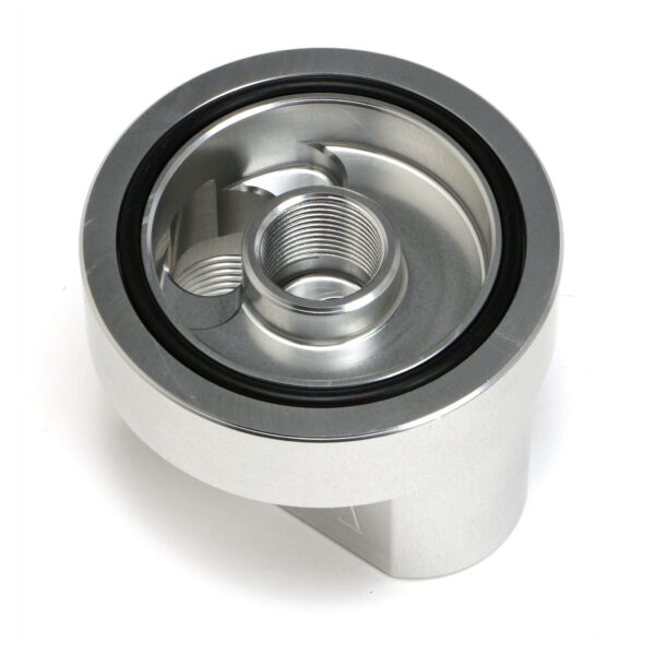 HAMBURGER'S PERFORMANCE PRODUCTS SPIN-ON BYPASS ADAPTER; CHEVY TRUCKS AND SUVS; 22MM-1.5 FILTER THREADS; -12AN PORTS- BILLET ALUMINUM