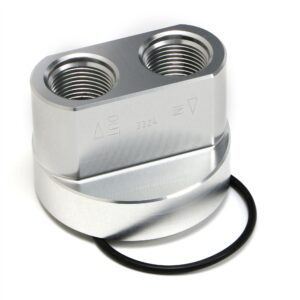 HAMBURGER'S PERFORMANCE PRODUCTS SPIN-ON BYPASS ADAPTER; BUICK, OLDS, PONTIAC; 13/16 IN.-16 FILTER THREADS; -12AN PORTS- BILLET ALUMINUM