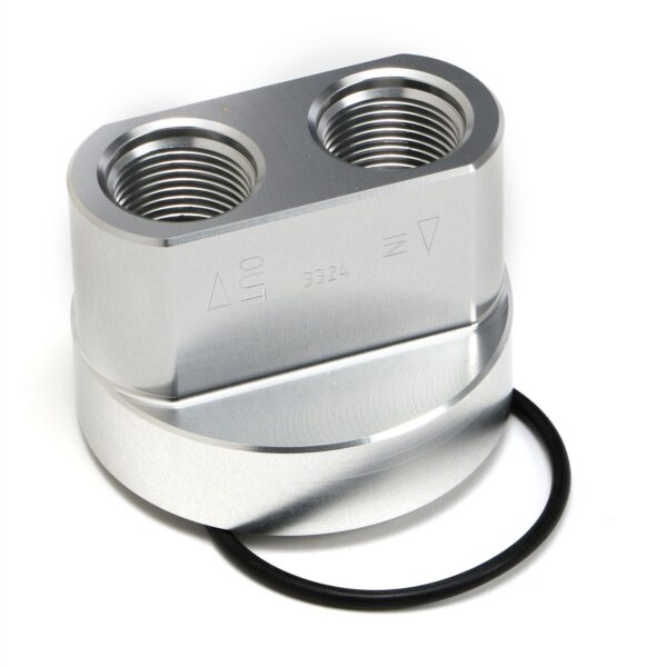HAMBURGER'S PERFORMANCE PRODUCTS SPIN-ON BYPASS ADAPTER; BUICK, OLDS, PONTIAC; 13/16 IN.-16 FILTER THREADS; -12AN PORTS- BILLET ALUMINUM