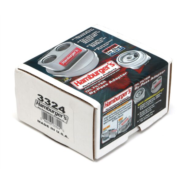 HAMBURGER'S PERFORMANCE PRODUCTS SPIN-ON BYPASS ADAPTER; BUICK, OLDS, PONTIAC; 13/16 IN.-16 FILTER THREADS; -12AN PORTS- BILLET ALUMINUM