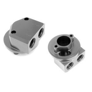 HAMBURGER'S PERFORMANCE PRODUCTS 90 BOLT-ON STYLE OIL FILTER BYPASS ADAPTER; SB AND BB CHEVY ENGINES; BILLET ALUMINUM