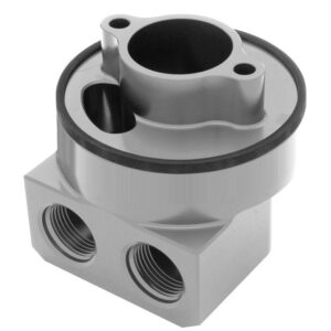 HAMBURGER'S PERFORMANCE PRODUCTS 90 BOLT-ON STYLE EXTENDED CLEARANCE OIL FILTER BYPASS ADAPTER; LATE MODEL BB CHEVY ENGINES; BILLET ALUMINUM