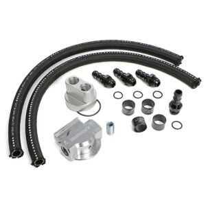 HAMBURGER'S PERFORMANCE PRODUCTS BILLET ALUMINUM SINGLE OIL FILTER RELOCATION KIT; HORIZONTAL PORT; 2-1/2 IN. I.D., 2-3/4 IN. O.D. OIL FILTER FLANGE; 3/4 IN.-16 NIPPLE- FORD & MOPAR